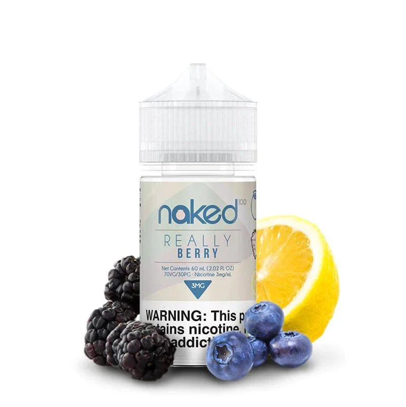 Naked 100 Really Berry e-liquid bottle with colorful label, 60mL size, featuring a berry-themed design and vibrant fruit imagery.