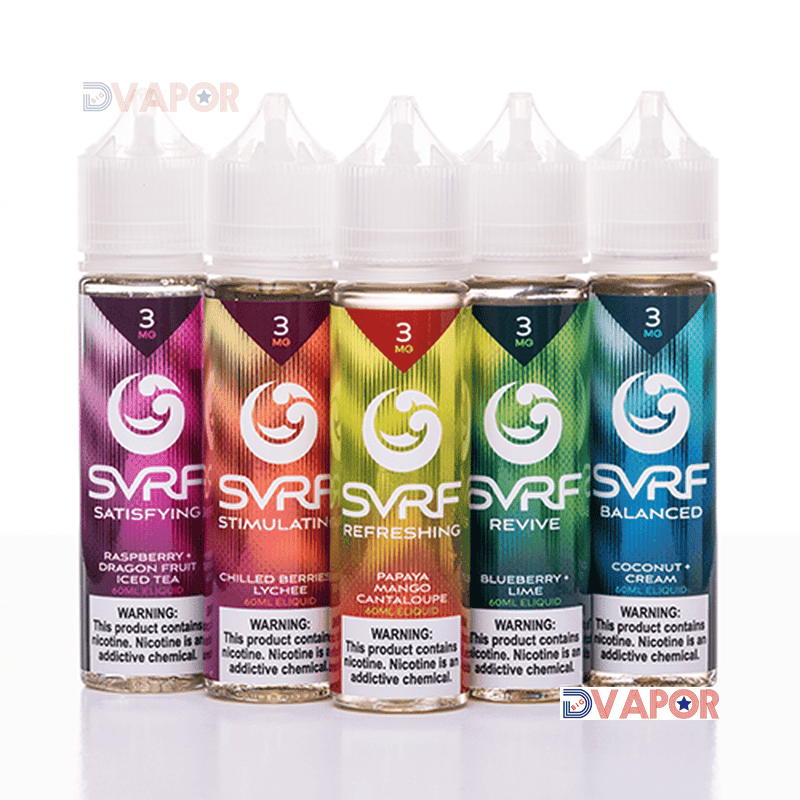 Saveur Vape Refreshing SVRF 60ml e-liquid bottle with colorful label and cap, designed for vaping enjoyment.