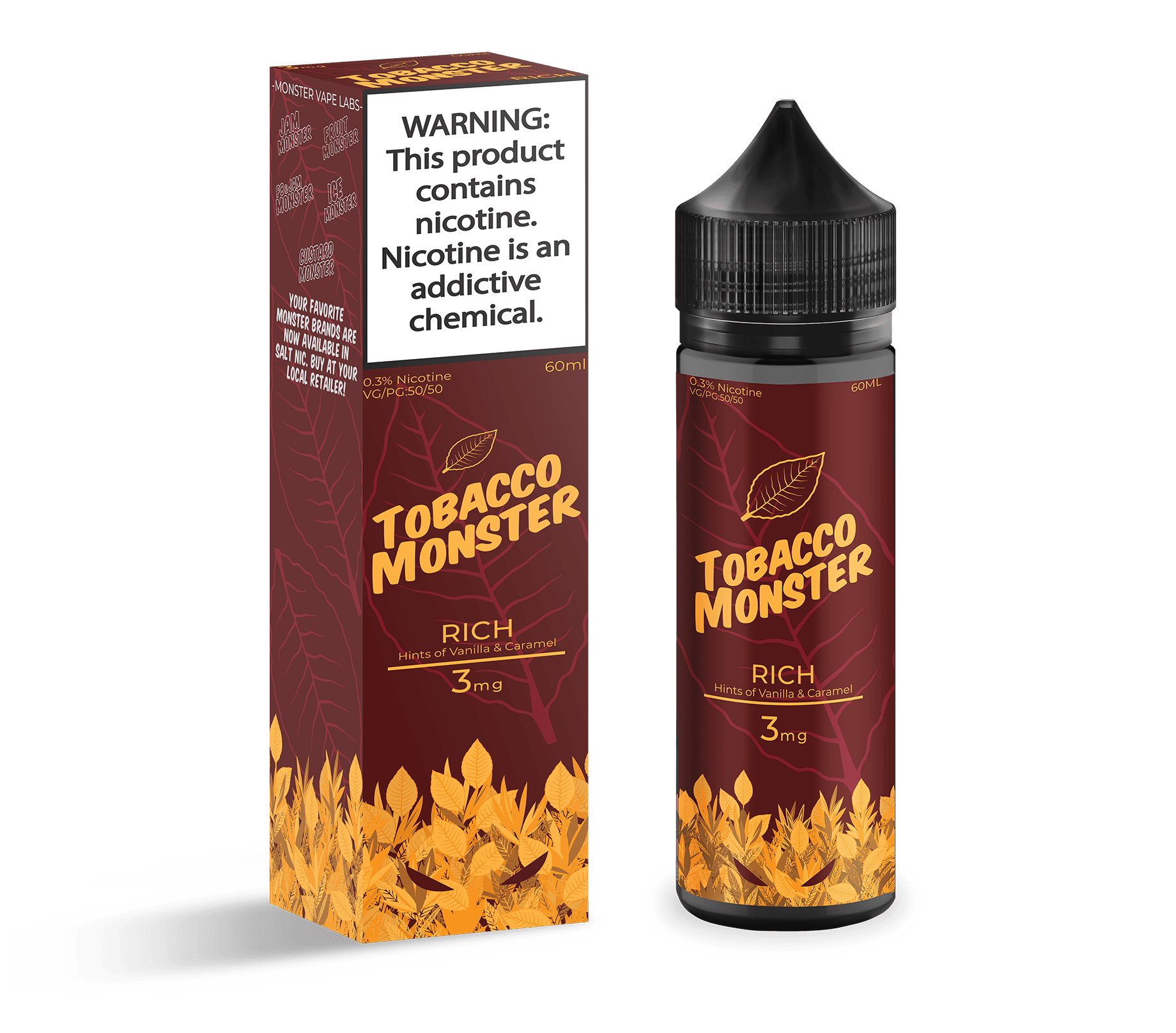 Rich Tobacco Monster e-liquid bottle, 100mL with dark tobacco flavor and detailed branding label.