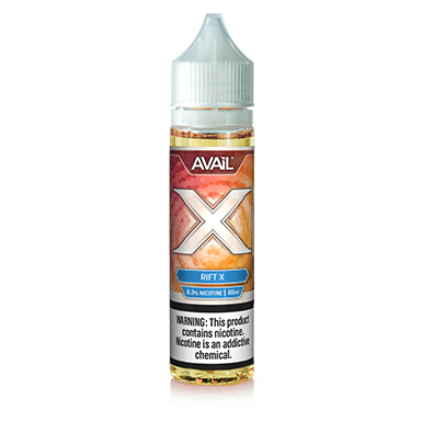 Rift X AVAIL Vapor 60mL e-liquid bottle with colorful label and vape flavor branding.