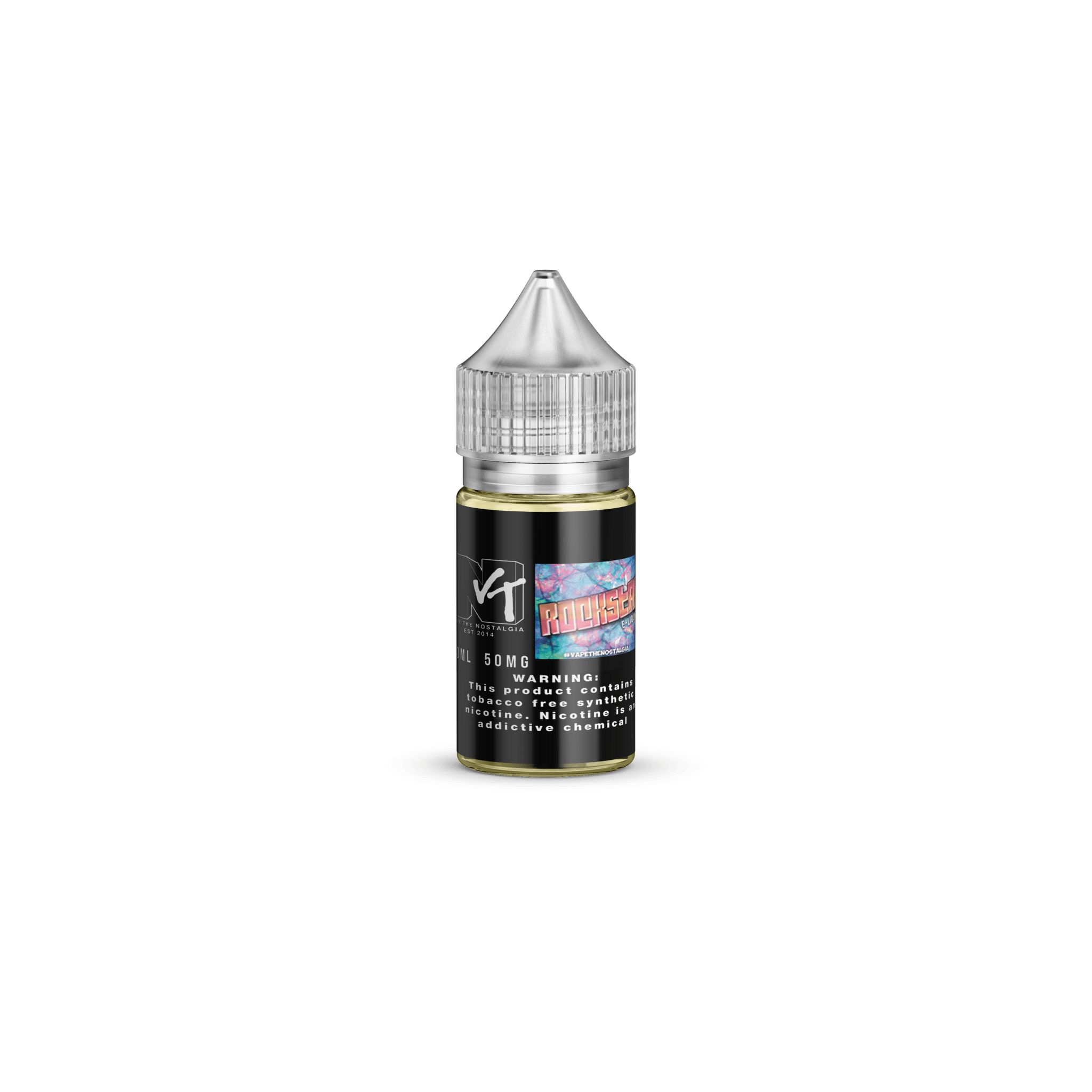 Vape The Nostalgia Rock Star SALT e-liquid bottle with colorful label, 30mL size, designed for vaping.