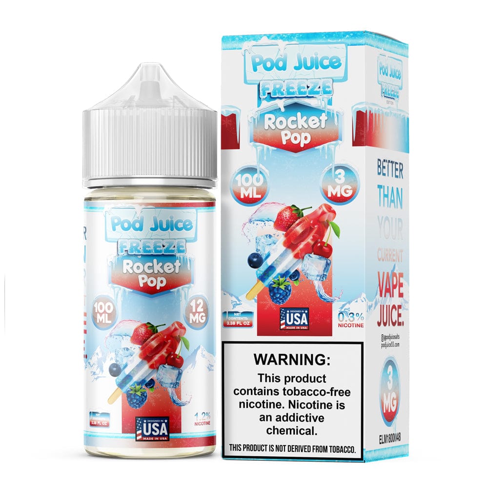 Bottle of Rocket Pop FREEZE e-liquid by Pod Juice, 100mL, with vibrant rocket pop flavor and colorful packaging.