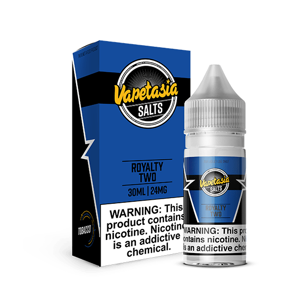Vapetasia Royalty Two SALT e-liquid bottle, 30mL, featuring colorful label and branding, designed for vaping enthusiasts.