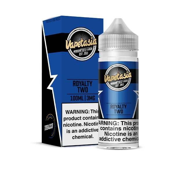 Vapetasia Royalty Two 100mL e-liquid bottle with colorful label, featuring a royal-themed design and flavor details.