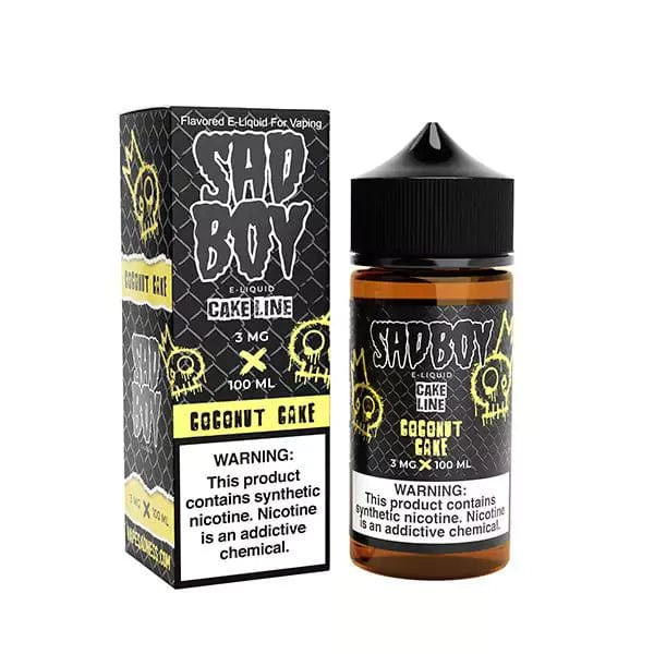 Sadboy Coconut Cake e-liquid 100mL bottle with vibrant label featuring coconut and cake visuals for vaping.