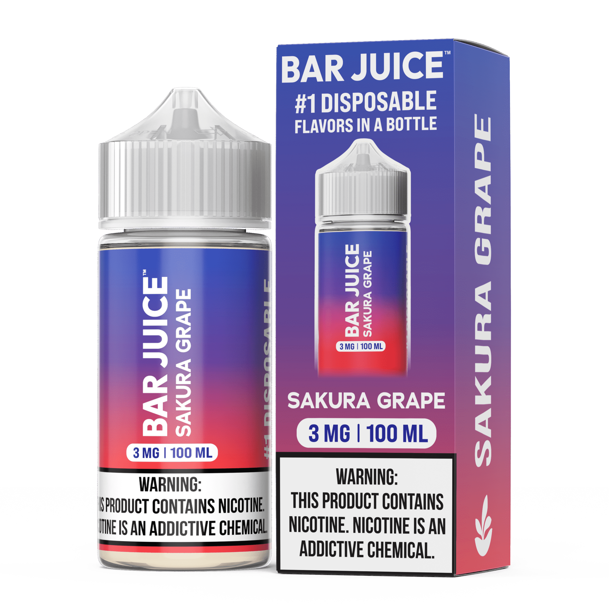 Sakura Grape Bar Juice e-liquid bottle, 100mL, with purple grape and sakura flower illustrations on label.