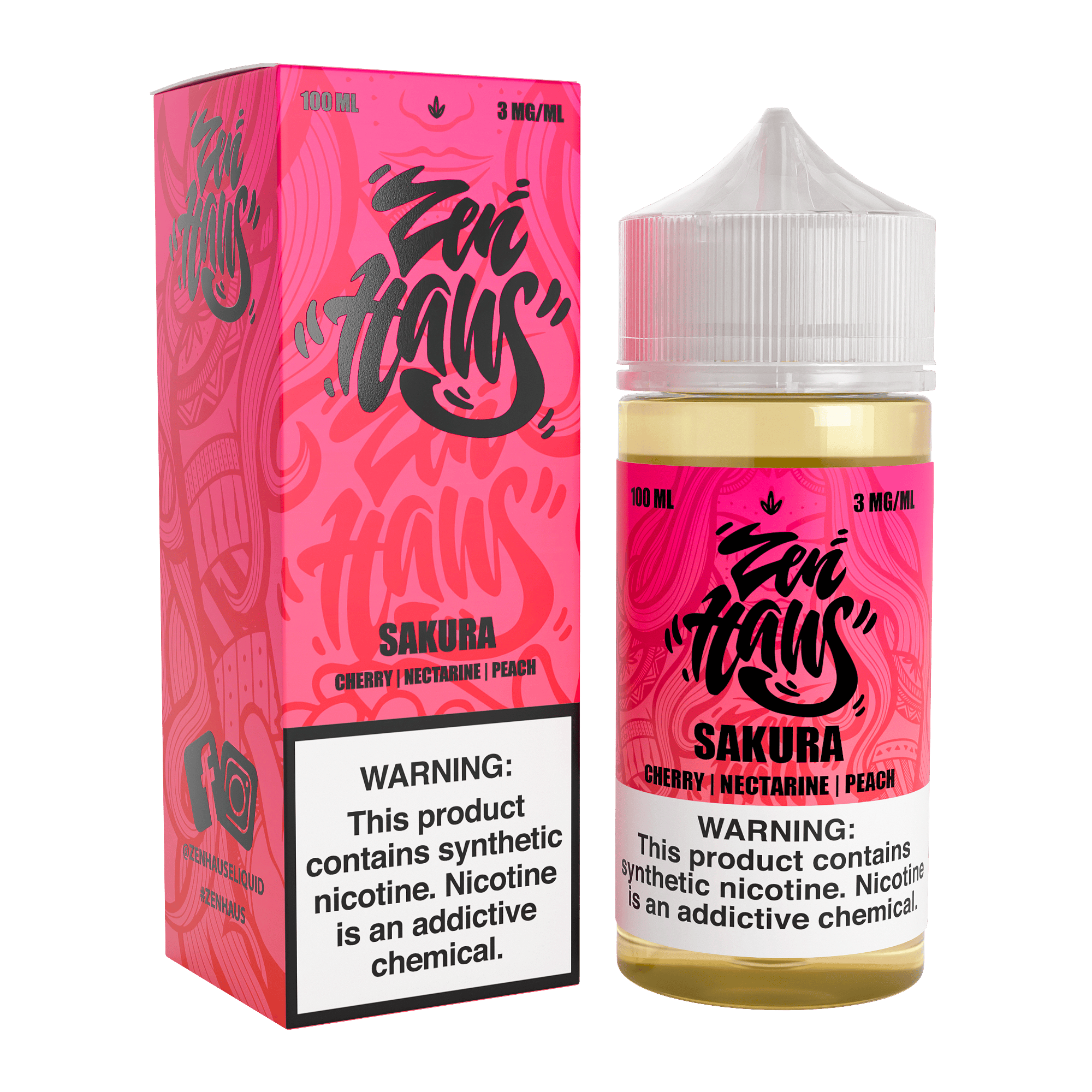Bottle of Zen Haus Sakura vape juice, 100mL, with pink and white packaging, designed for vaping with a cherry blossom flavor.