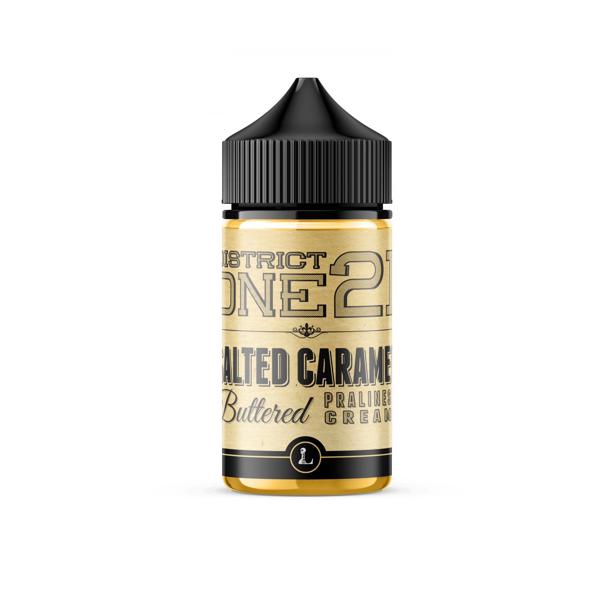 Vape e-liquid bottle labeled Salted Caramel District One21 by Five Pawns, 60mL, with caramel and salt flavor details on the label.