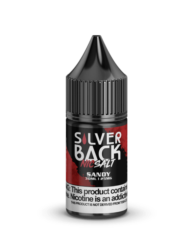 Silverback Juice Co. Sandy SALT e-liquid bottle, 30mL with silver and sandy design, for vaping and flavor enjoyment.