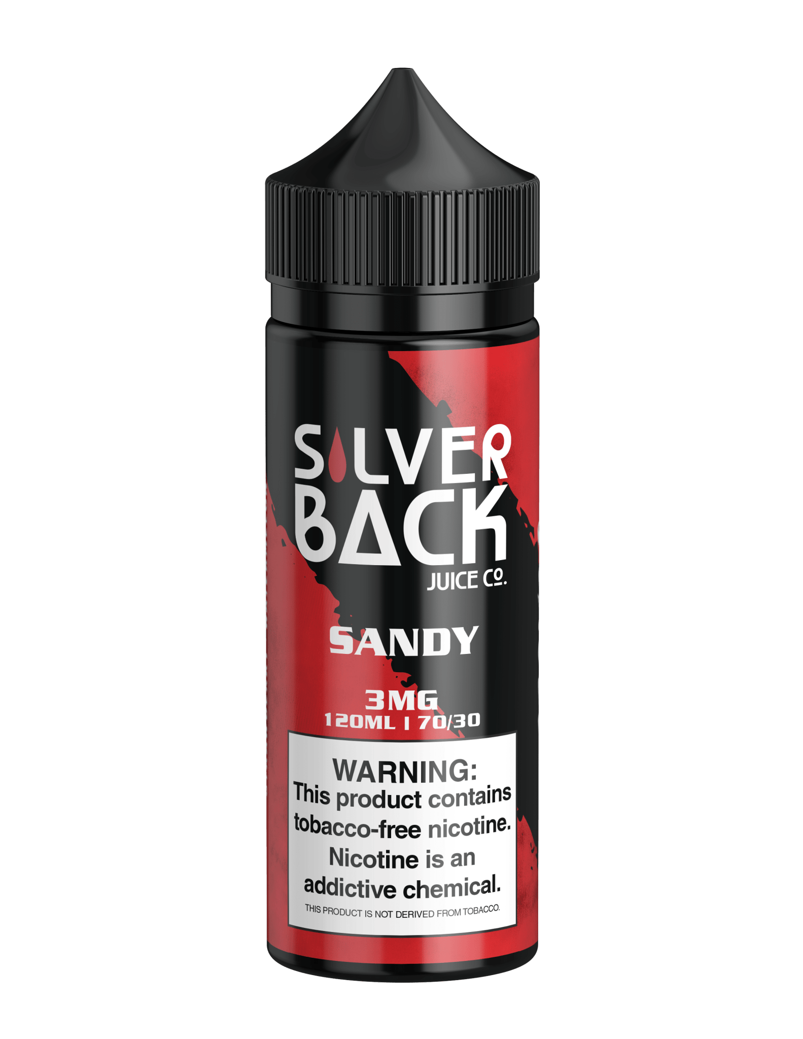 Sandy Silverback Juice Co. 120mL e-liquid bottle with silver and sandy design, showcasing the product label and packaging.