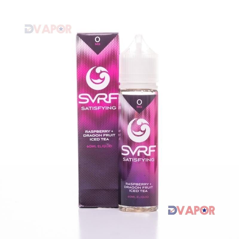 Satisfying SVRF 60ml e-liquid bottle from SAVEUR Vape with colorful label and sleek design on a white background.