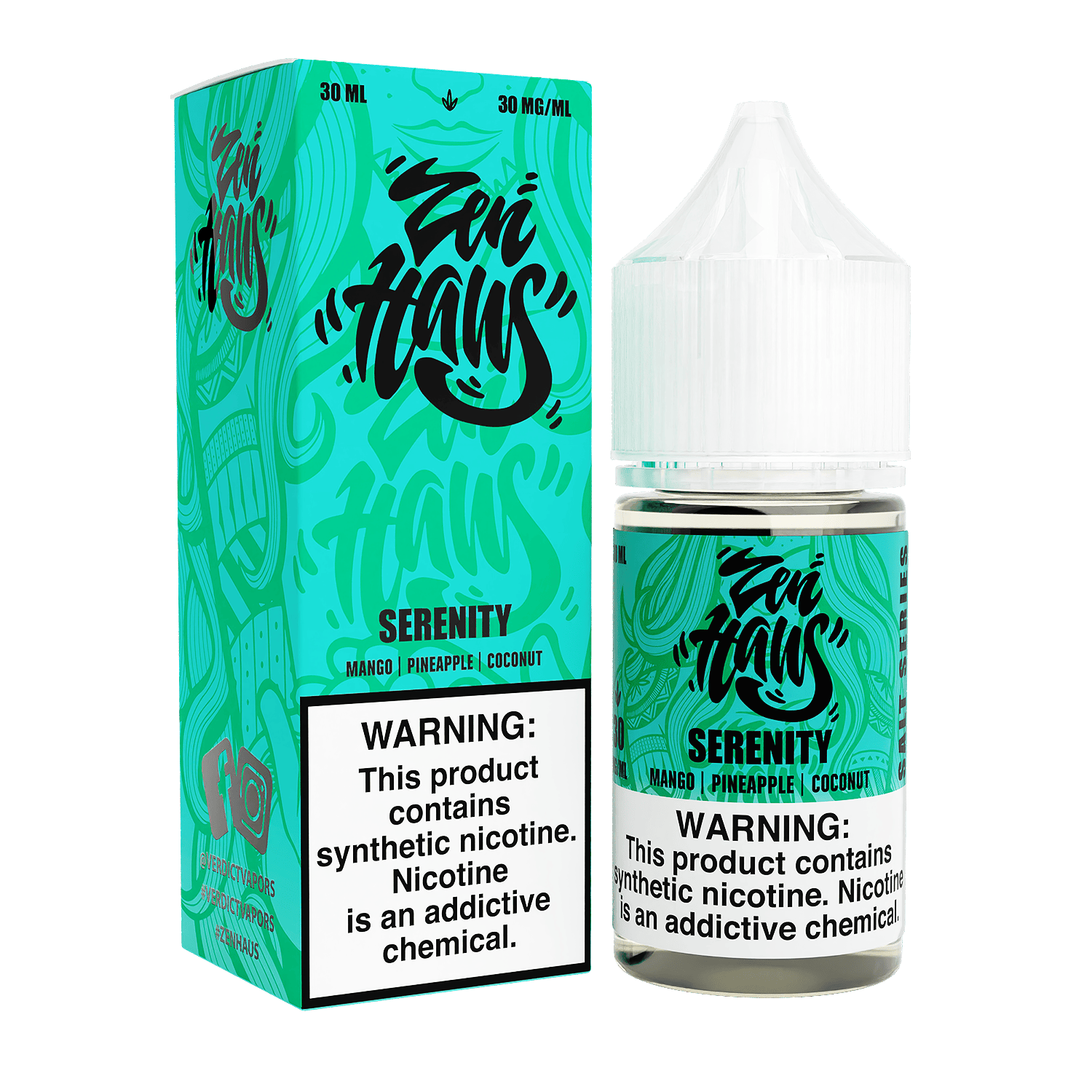 Zen Haus Serenity SALT nicotine salt e-liquid bottle with 30mL size and 30mg nicotine strength, featuring a sleek design.