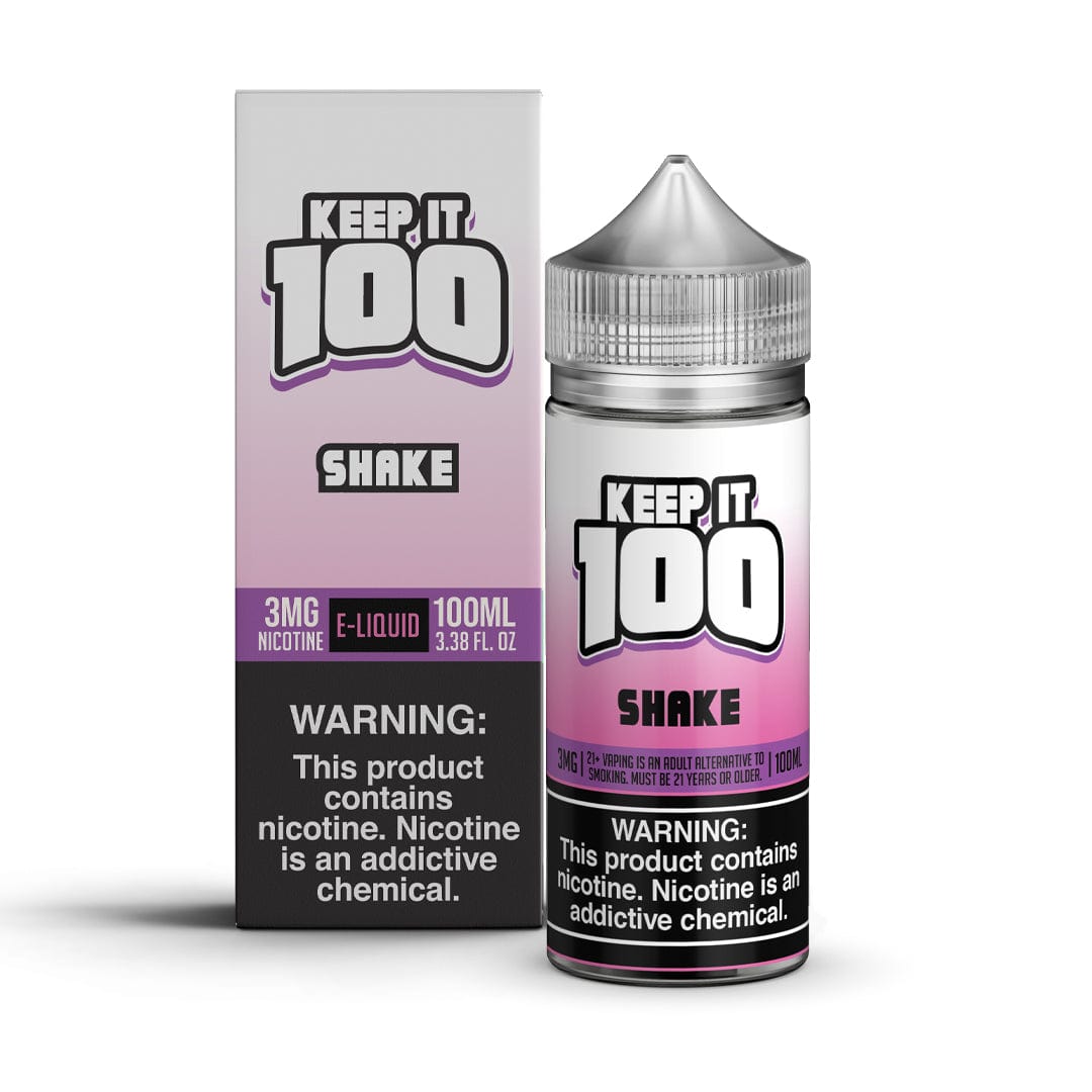 Keep It 100 Shake e-liquid bottle, 100mL, with colorful label and cap, designed for vaping enthusiasts.