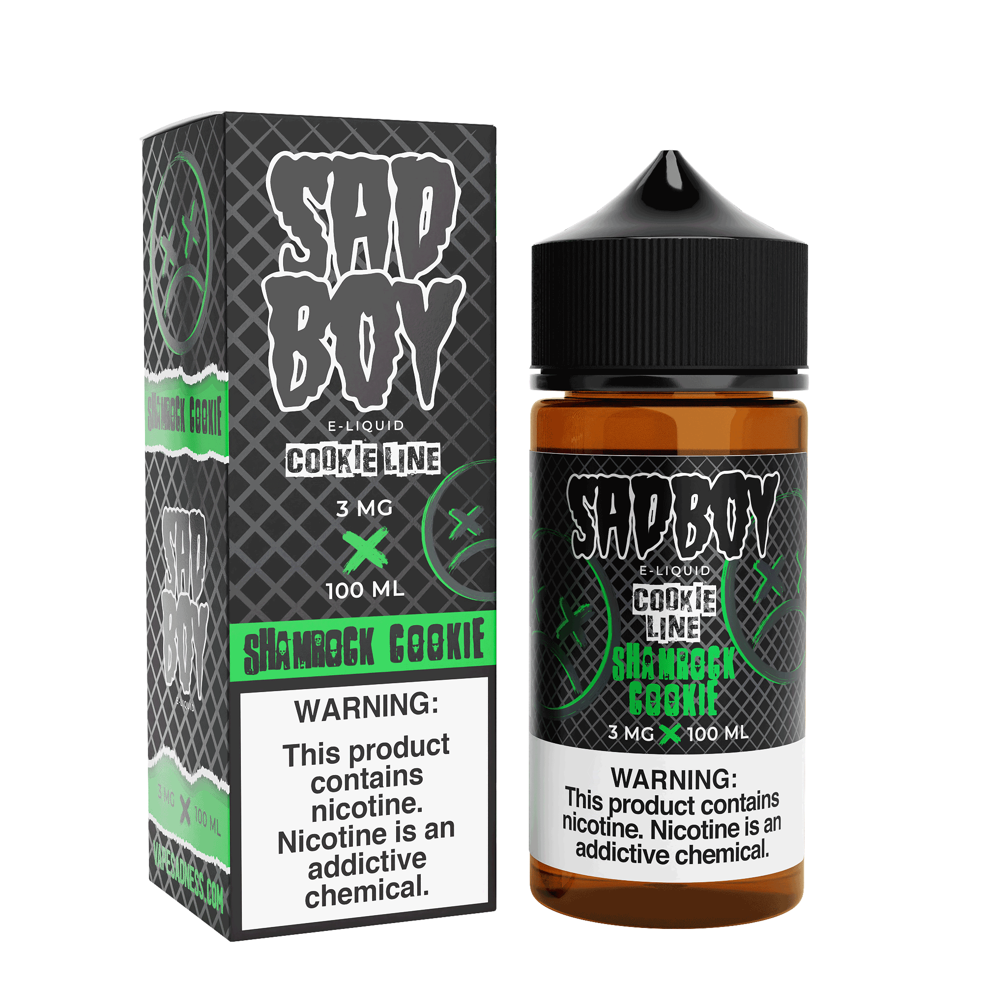 Sadboy Shamrock Cookie e-liquid bottle, 100mL vape juice featuring a cookie and shamrock flavor profile.