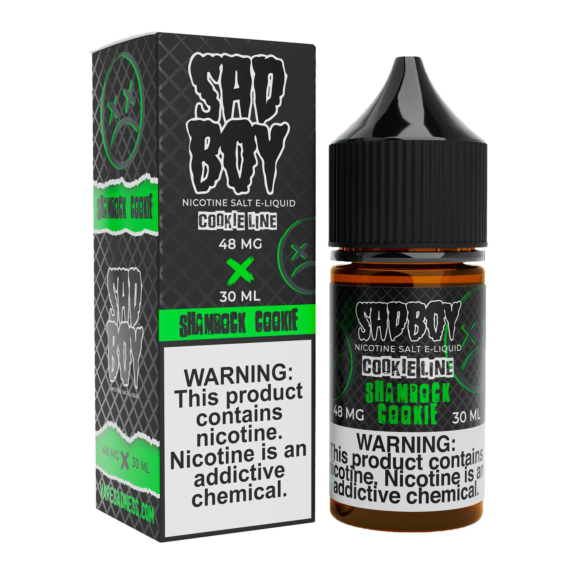 Sadboy Shamrock Cookie Salt e-liquid bottle, 30mL, with label featuring a shamrock cookie design, for vaping.