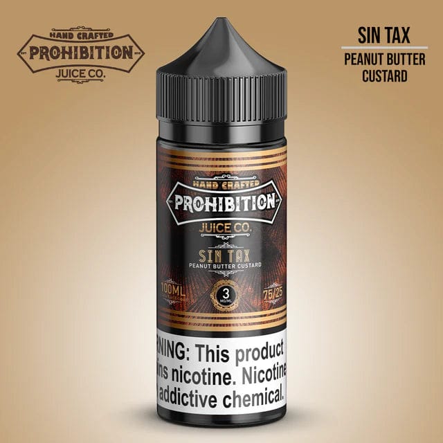 Prohibition Juice Co. Sin Tax 100mL e-liquid bottle with colorful label and dropper cap for vaping.