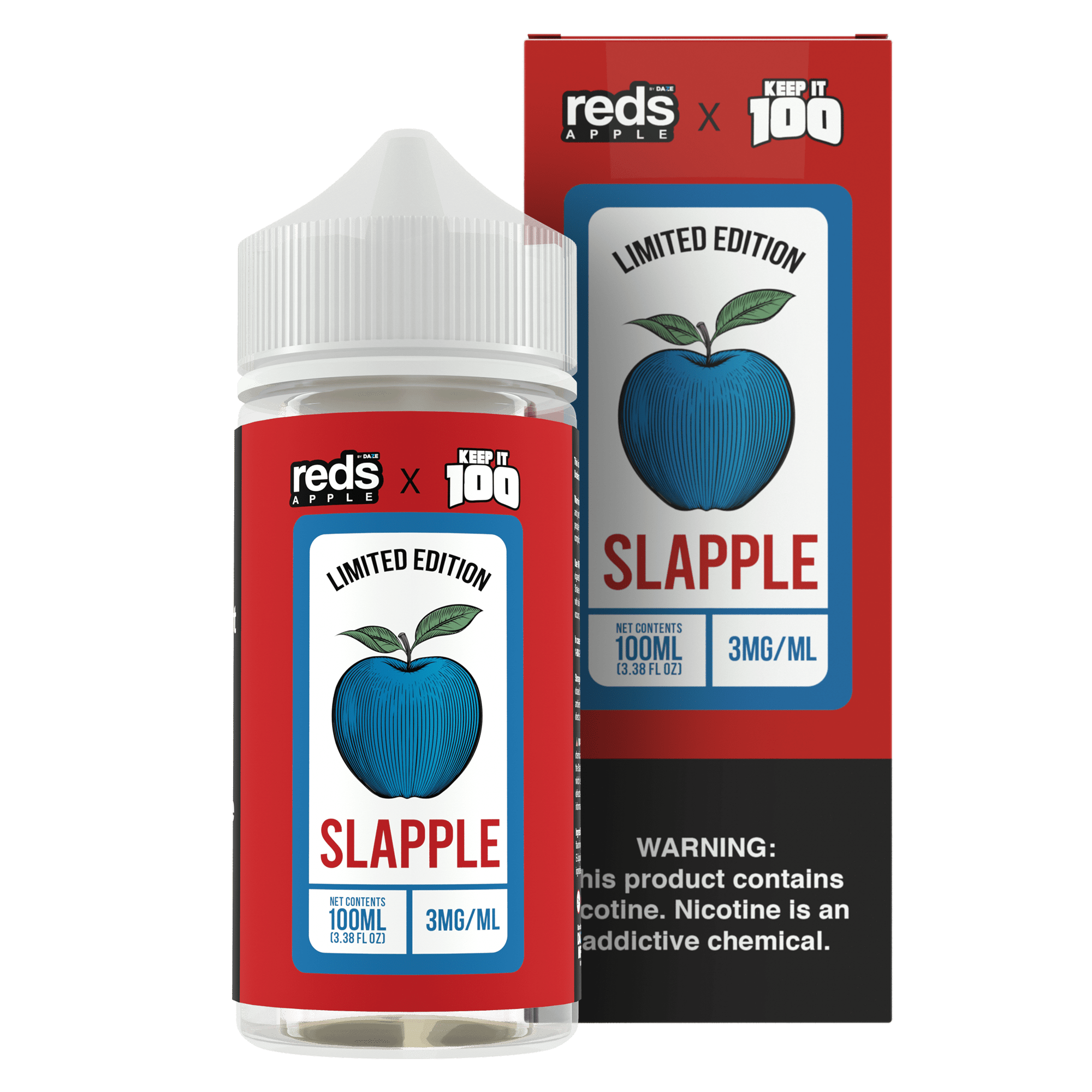Red's Apple E-Juice by 7 Daze in 100mL bottle, vibrant red apple flavor e-liquid for vaping.
