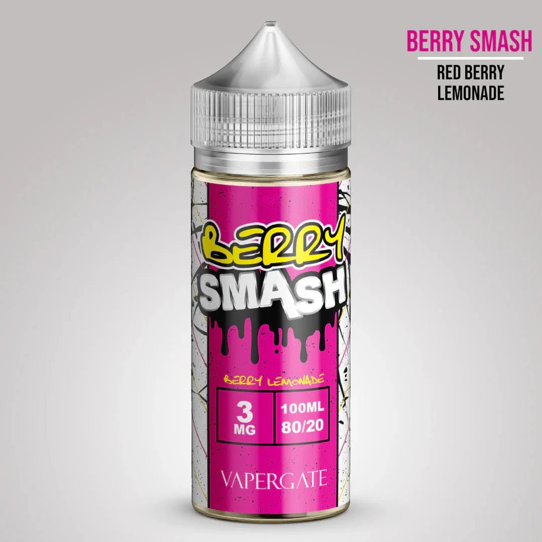 Vapergate Smash Berry e-liquid bottle, 100mL size, with vibrant berry flavor label and colorful packaging.