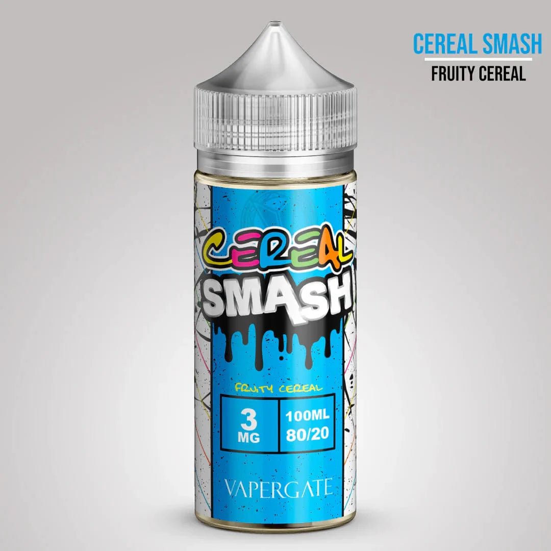 Vapergate Smash Cereal e-liquid 100mL bottle with colorful cereal-themed label and branding, ideal for vaping enthusiasts.