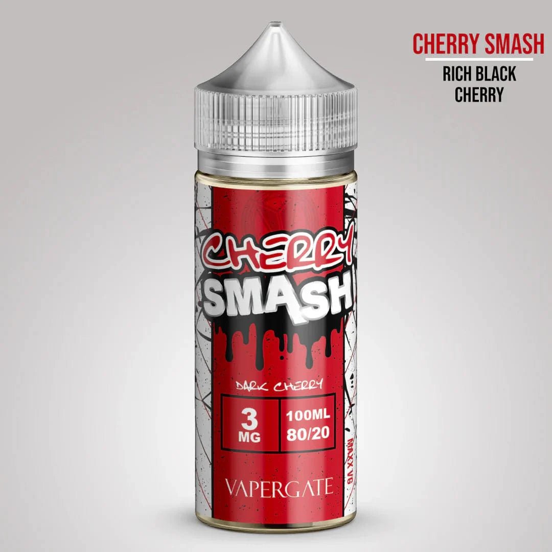 Vapergate Smash Cherry e-liquid bottle, 100ml, with vibrant cherry flavor label and colorful packaging.