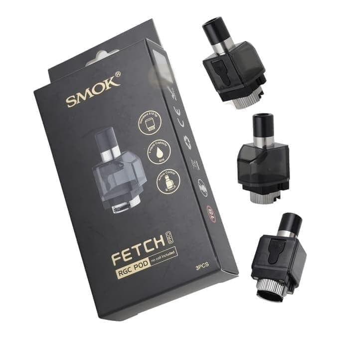 SMOK FETCH Pro replacement pods for hardware device, showcasing clear e-liquid chambers and mouthpiece design.