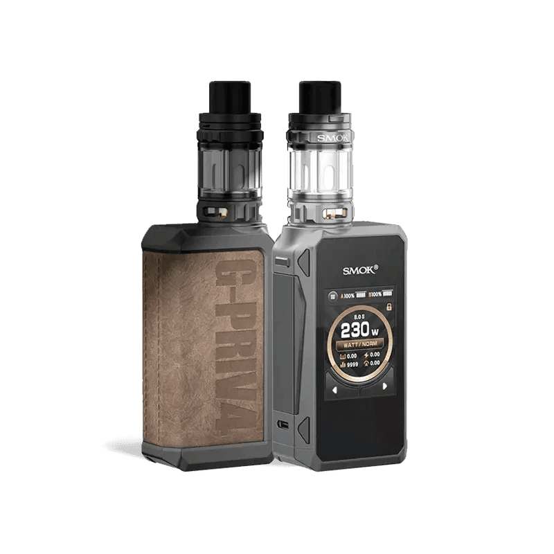 SMOK G-Priv 4 230W Starter Kit with sleek black mod and matching tank, featuring digital display and adjustable airflow.