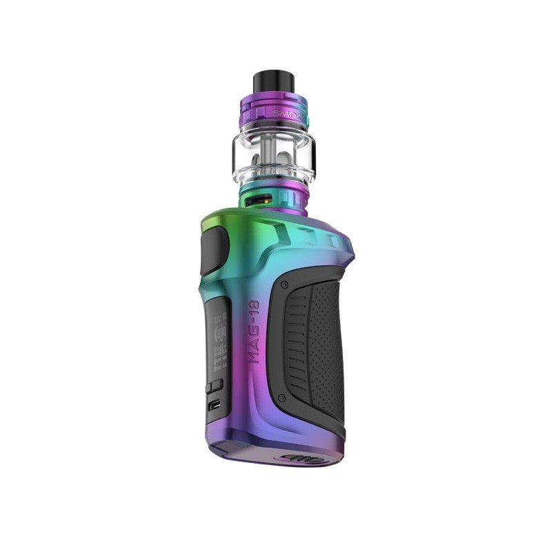 SMOK Mag-18 230W starter kit with mod and tank, featuring a sleek black design and textured grip for enhanced handling.