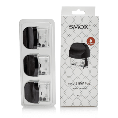 SMOK NORD 2 replacement pods for vape device, featuring clear e-liquid chambers and mouthpiece, designed for easy refilling and use.