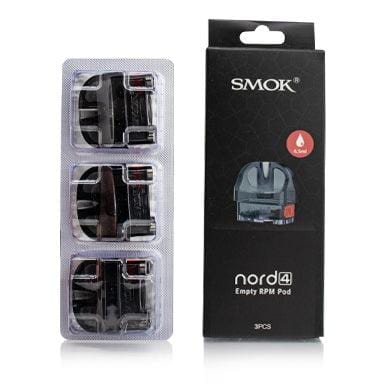 SMOK Nord 4 replacement vape pods showing clear e-liquid chambers and mouthpiece for refillable vaping device.