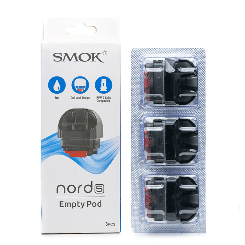 SMOK Nord 5 replacement vape pods with transparent design for easy coil viewing and secure fit.