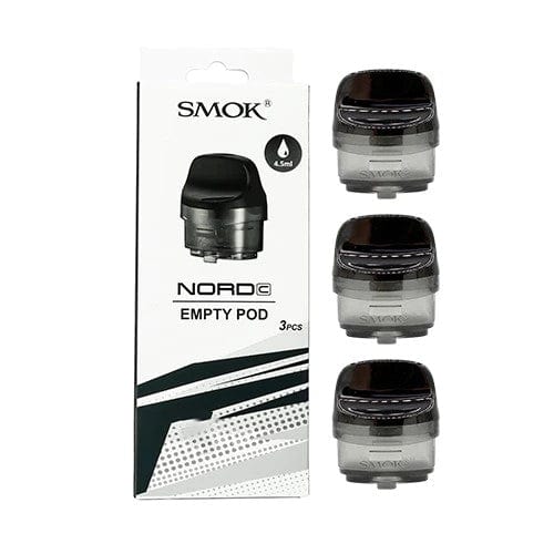 SMOK Nord C replacement pods for vaping device, showing clear plastic containers with black mouthpieces and transparent bodies.