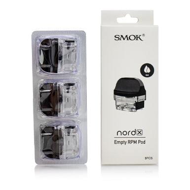 SMOK NORD X replacement vape pods with clear e-liquid chambers and mouthpiece for refillable vaping devices.