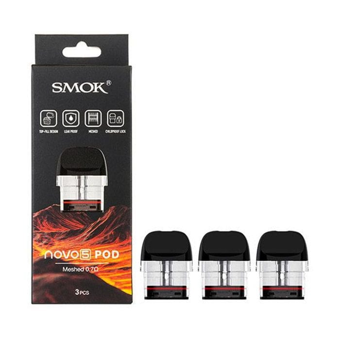 SMOK Novo 5 replacement pods for the SMOK vaping device, shown in clear view, designed for easy refilling and optimal vapor.