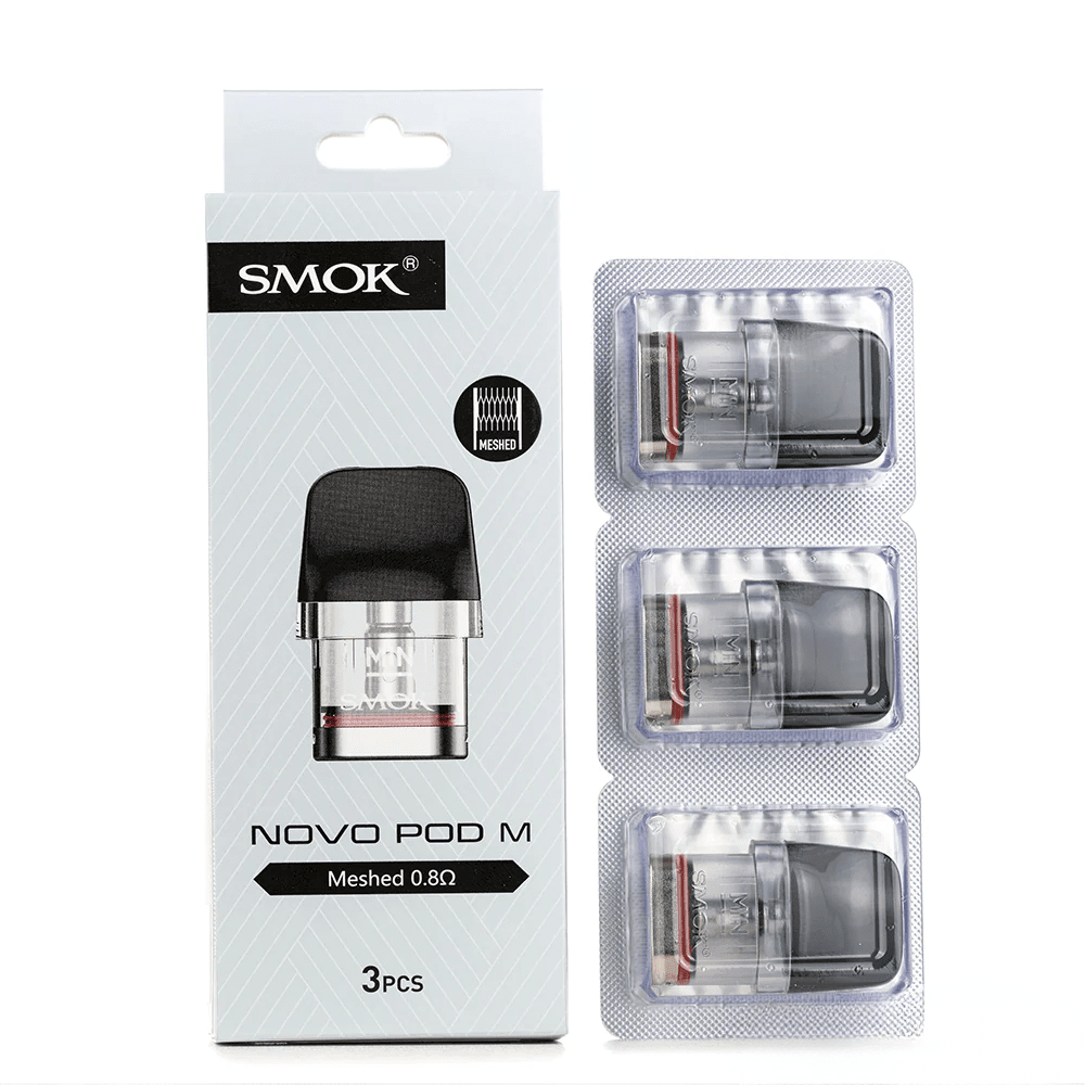 SMOK Novo M replacement vape pods for SMOK Novo M device, showing clear plastic with mouthpiece and fill port