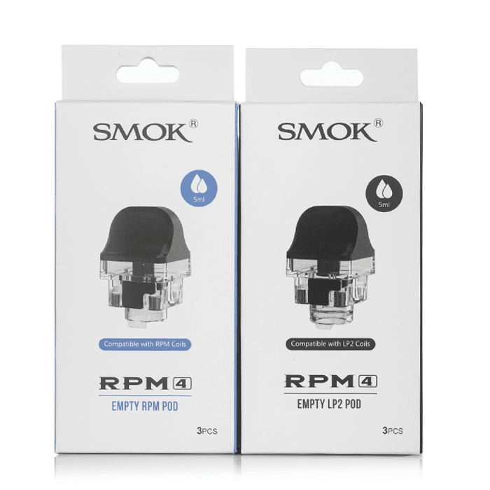 SMOK RPM 4 replacement pods for vaping device, shown in clear view with transparent design and fill ports.