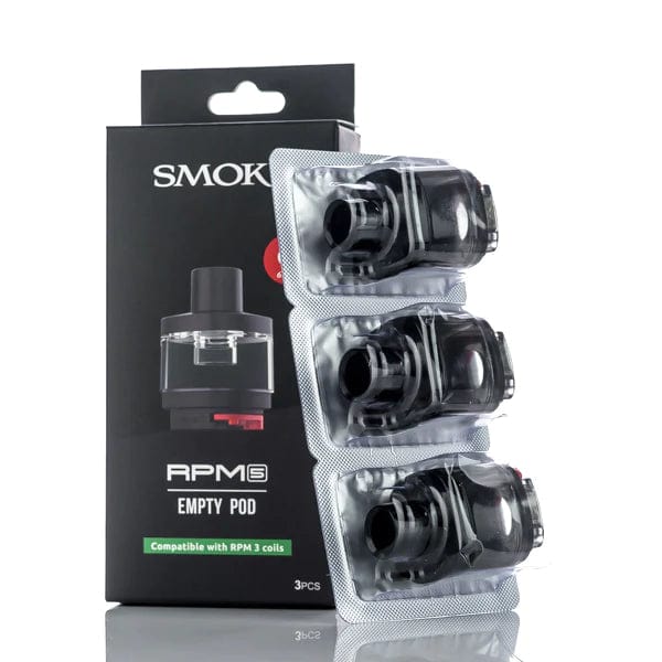 SMOK RPM 5 replacement pods for vaping device, showing clear plastic cartridges with fill ports and airflow openings.