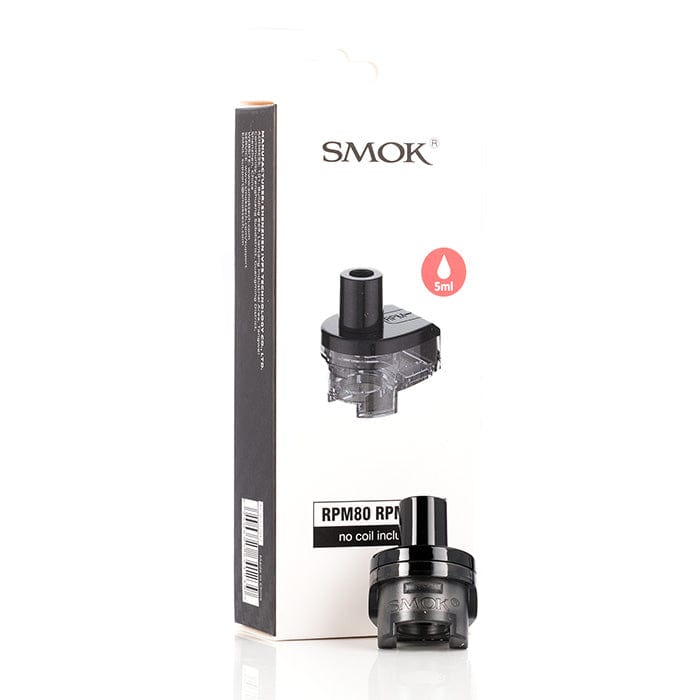 SMOK RPM 80 replacement vape pods for SMOK devices, showing a set of sleek, compatible refillable pods with mouthpiece and filling port.