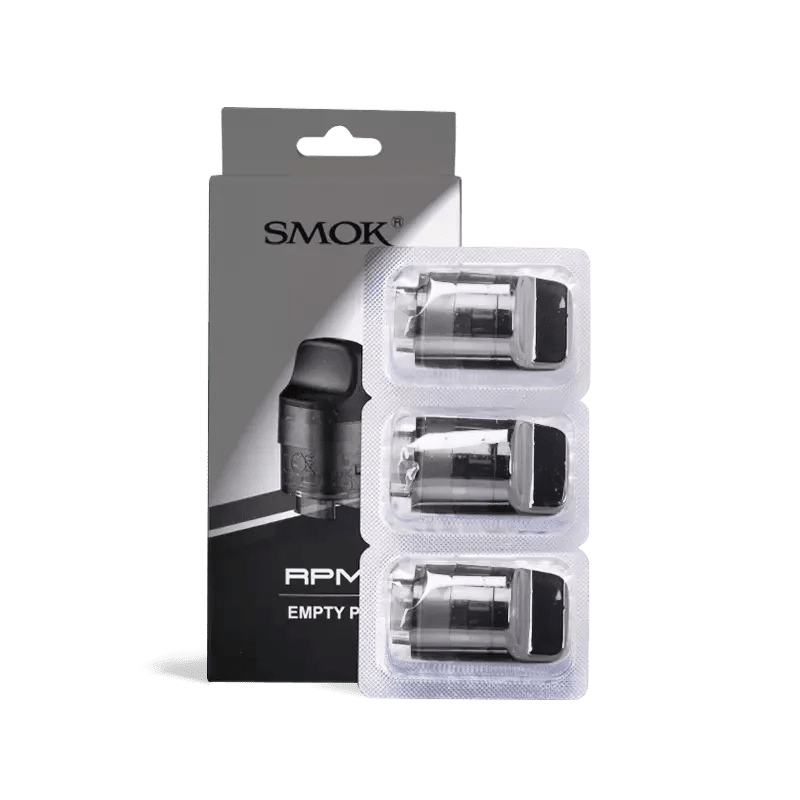 SMOK RPM C replacement pods for vaping device, showing clear plastic containers with black mouthpieces and visible filling ports.