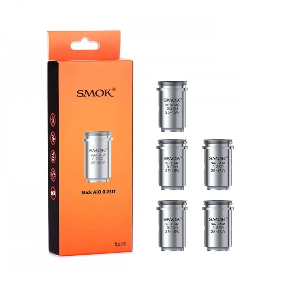 SMOK Stick AIO replacement coils for vape devices, showing multiple coil heads with wicking material and metal construction.