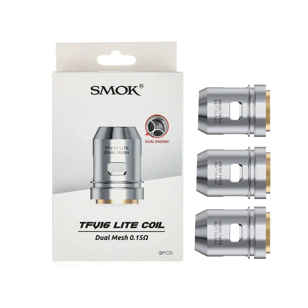 SMOK TFV16 Lite replacement vape coils, cylindrical metal and wick components for use in SMOK vape tanks.