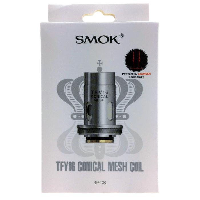 SMOK TFV16 Mesh Replacement Coils for vape, shown in a pack with multiple coils, designed for use with SMOK vaping devices.