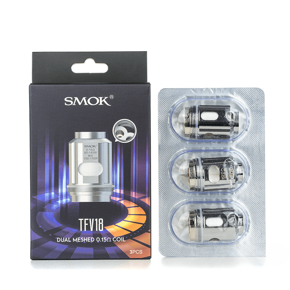 SMOK TFV18 replacement vape coils showing multiple cylindrical coils with wicking material for use in SMOK vape tanks.