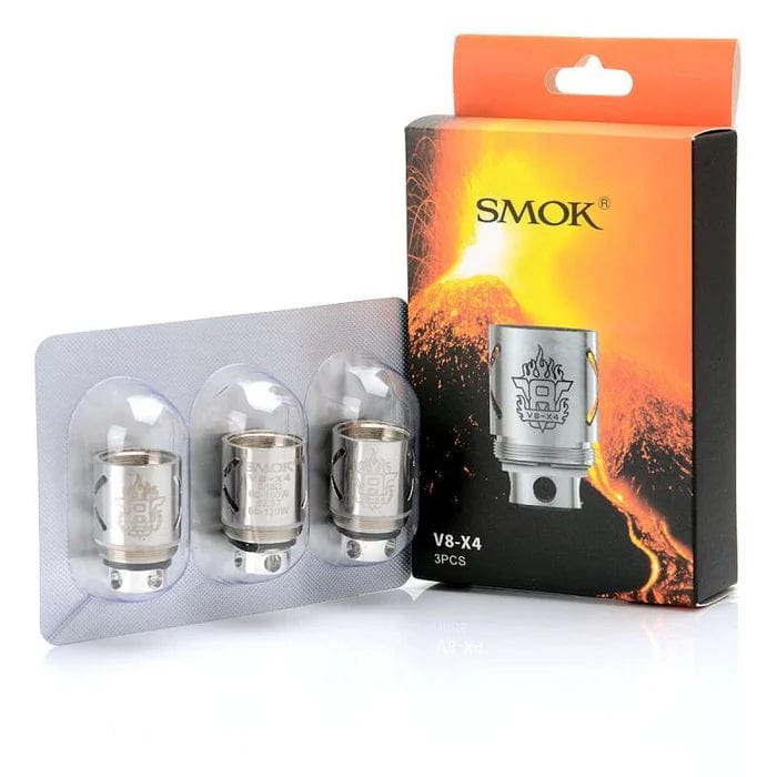 SMOK TFV8 X4 replacement vape coils, four-pack, designed for SMOK sub-ohm tanks, with detailed coil structure visible.