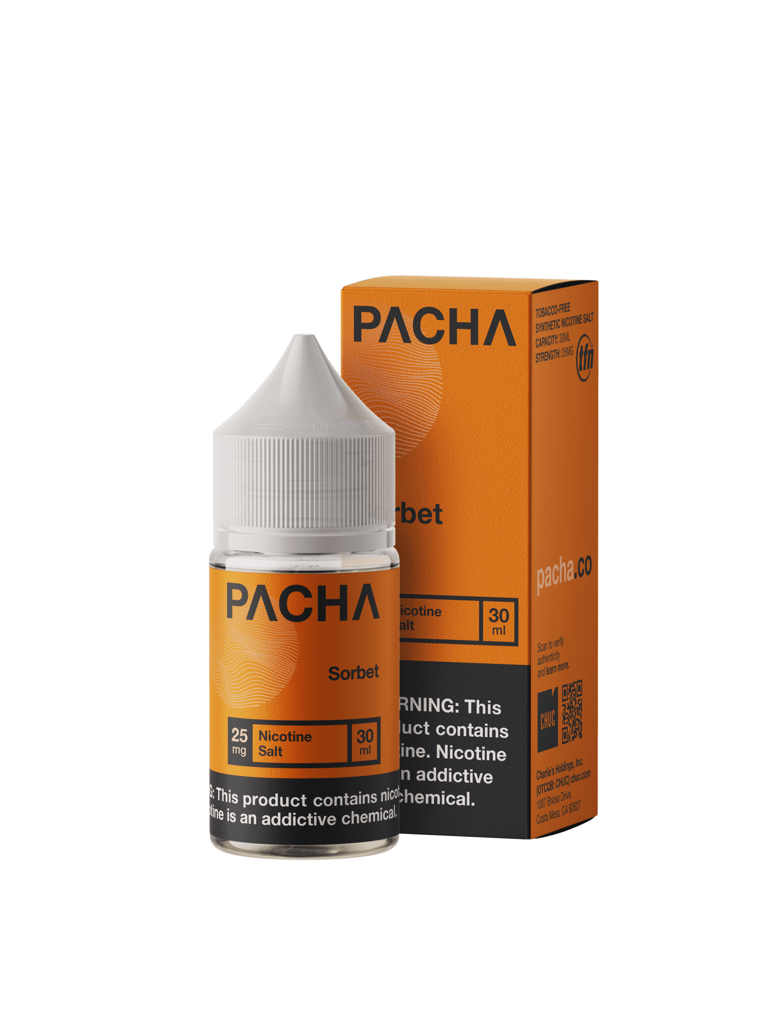 Pachamama Sorbet SALT e-liquid 30mL bottle with colorful label, ideal for vaping and featuring fruity sorbet flavor.
