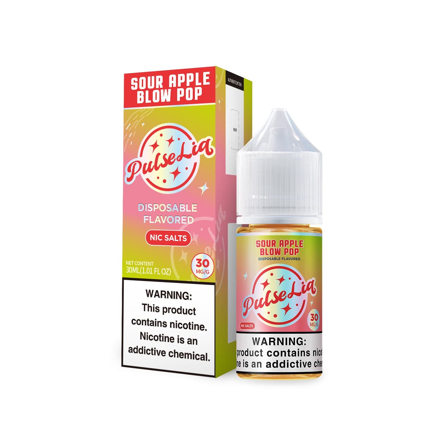 Sour apple Blow Pop Burst SALT e-liquid by Pulse Liq featuring a 30ml bottle with sour apple candy flavor.
