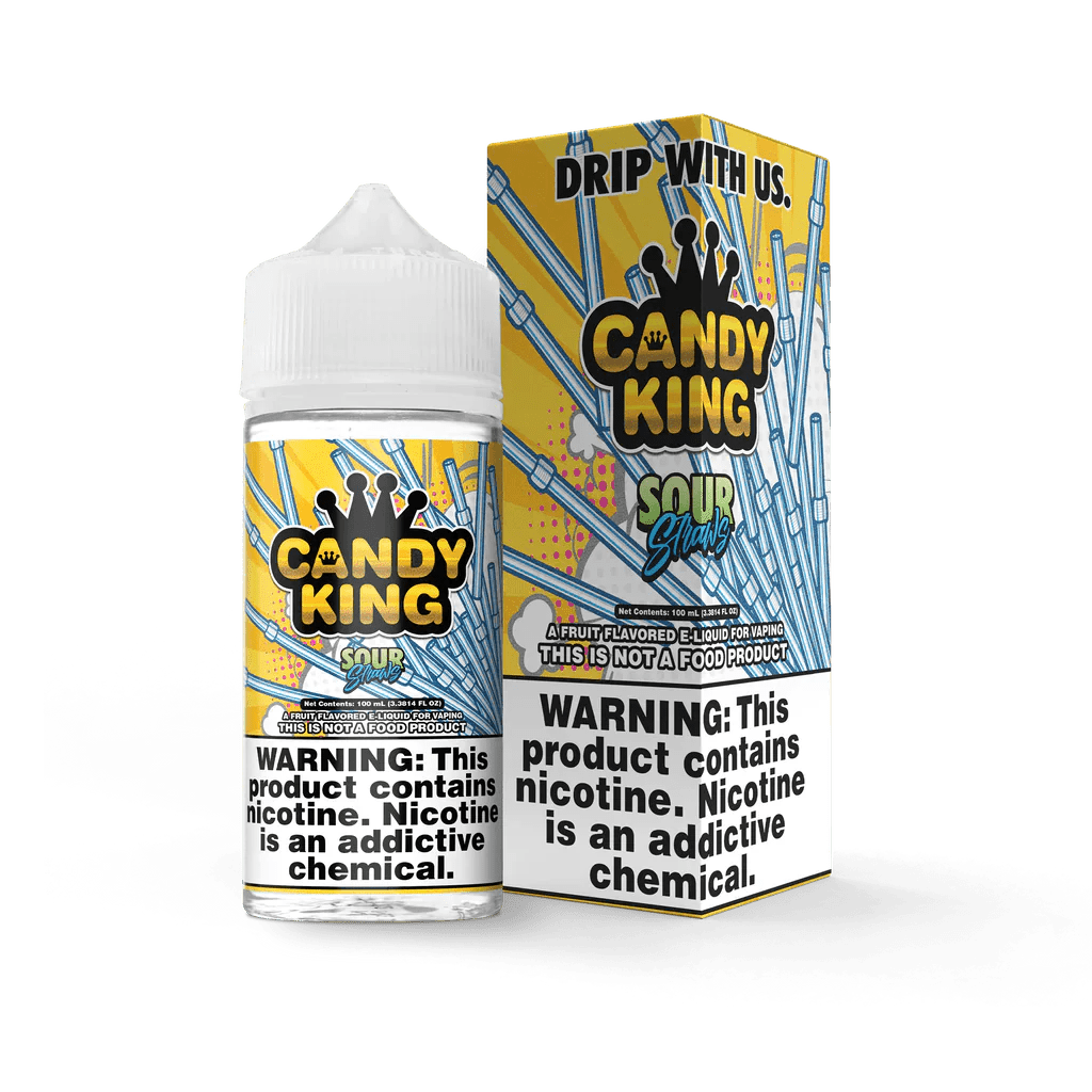 Candy King Sour Straws e-liquid 100mL bottle with colorful packaging and vibrant label featuring sour straw candy imagery.