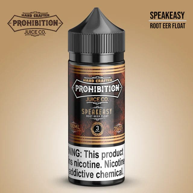 Speakeasy E-liquid by Prohibition Juice Co., 100mL bottle with vibrant label featuring vintage prohibition-inspired design.