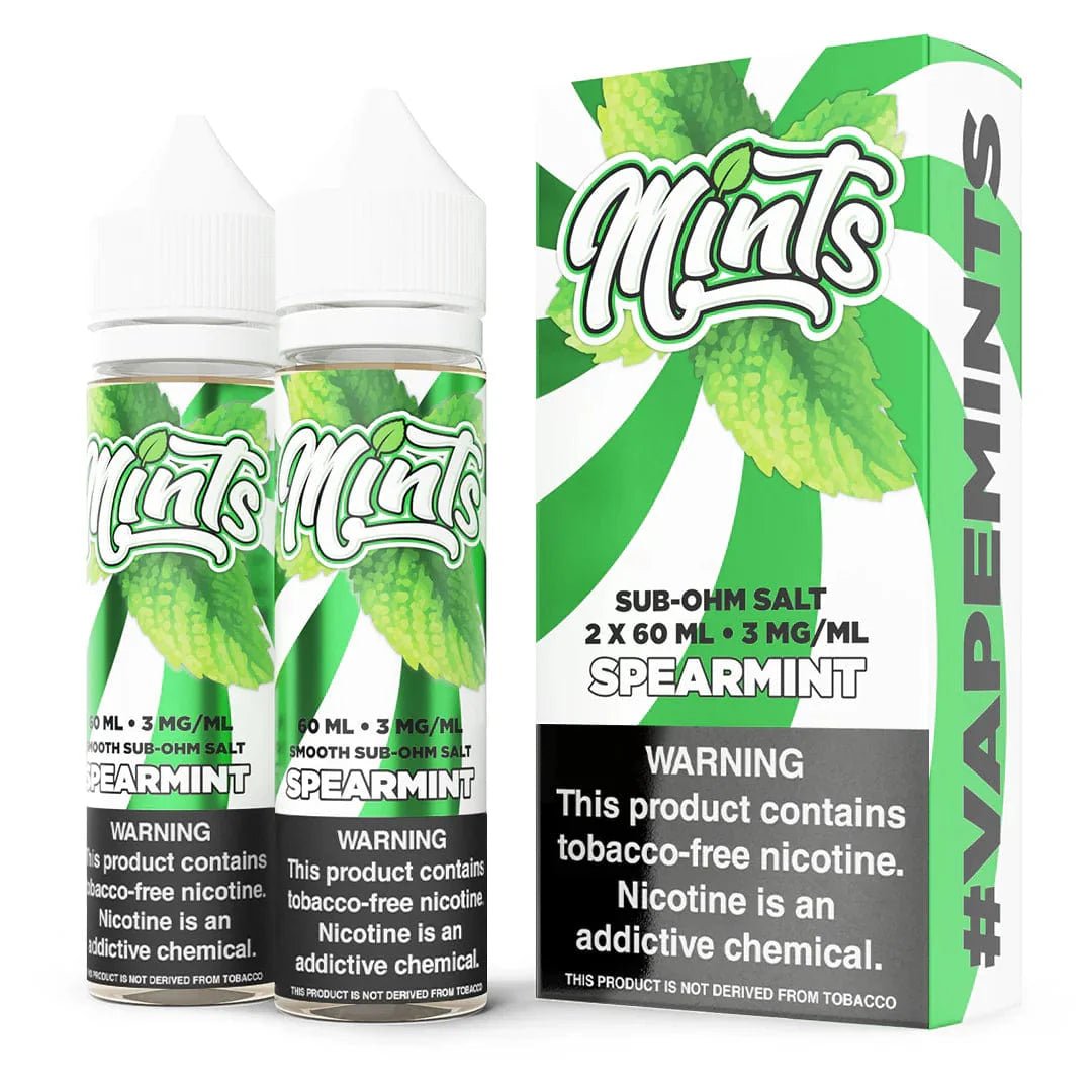 Spearmint e-liquid by Mints Vape Co., 120mL bottle with fresh spearmint flavor and vibrant mint leaves on the label.