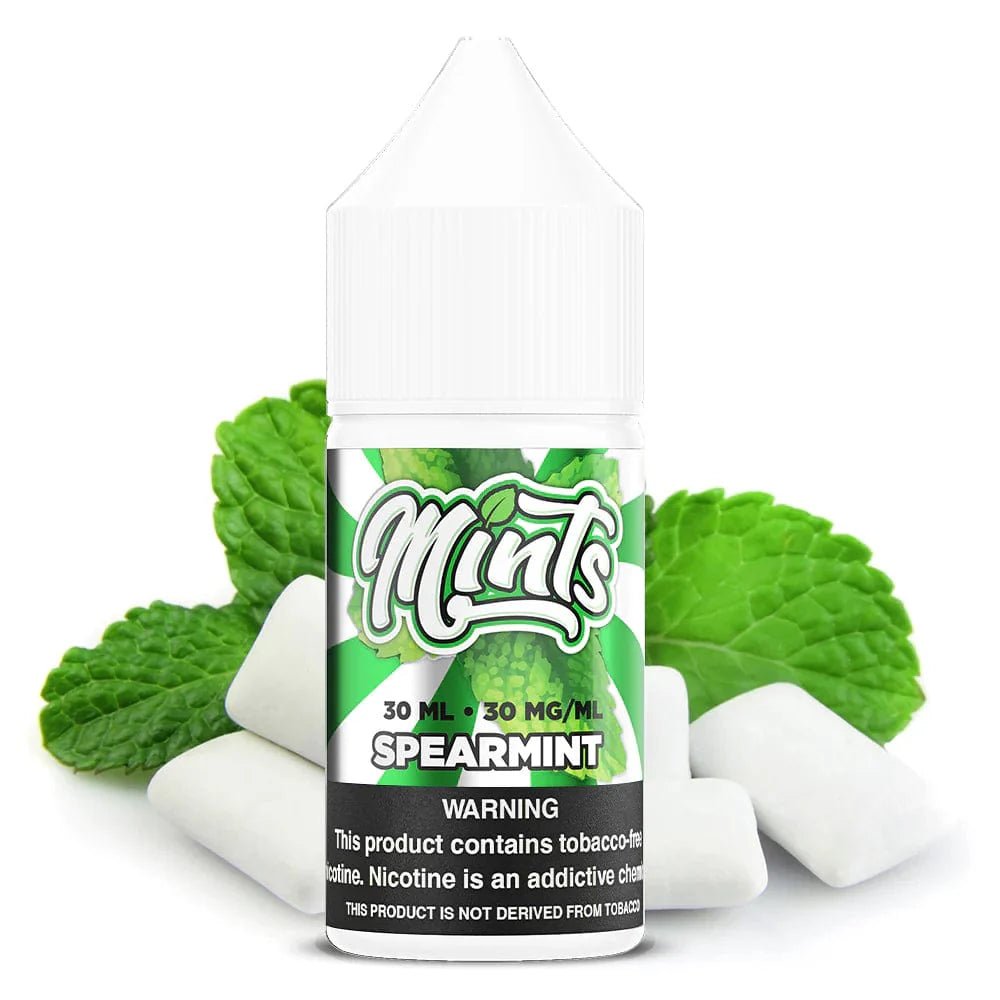 Spearmint SALT e-liquid by Mints Vape Co. in a 30mL bottle, featuring fresh spearmint flavor with a smooth salt nicotine finish.