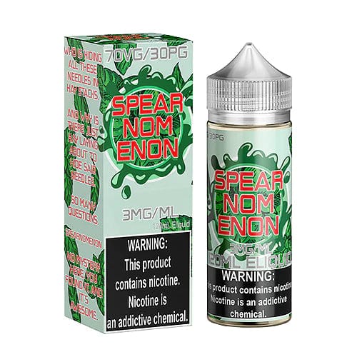 Nomenon E-Liquids Spearnomenon 120mL e-liquid bottle with colorful label and clear plastic cap, designed for vaping.